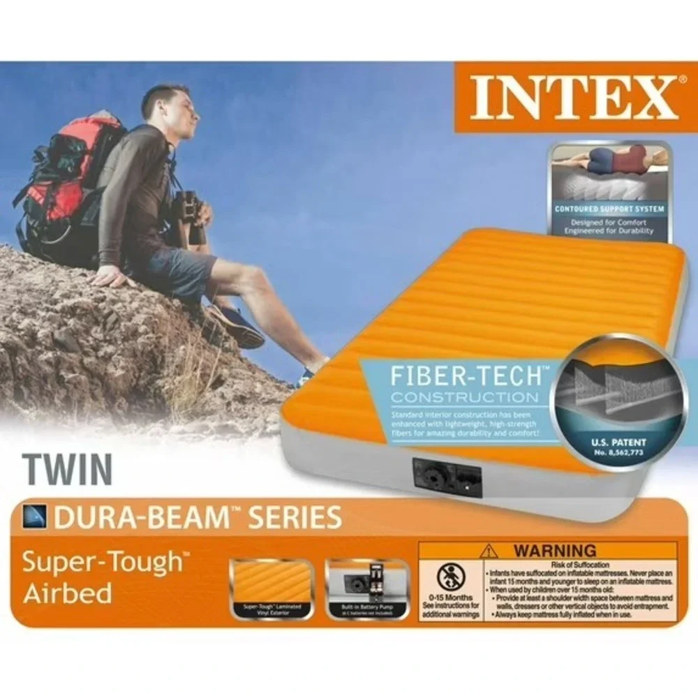 Intex 8in Twin Super-Tough Air Mattress Bed with Built-In Battery Pump